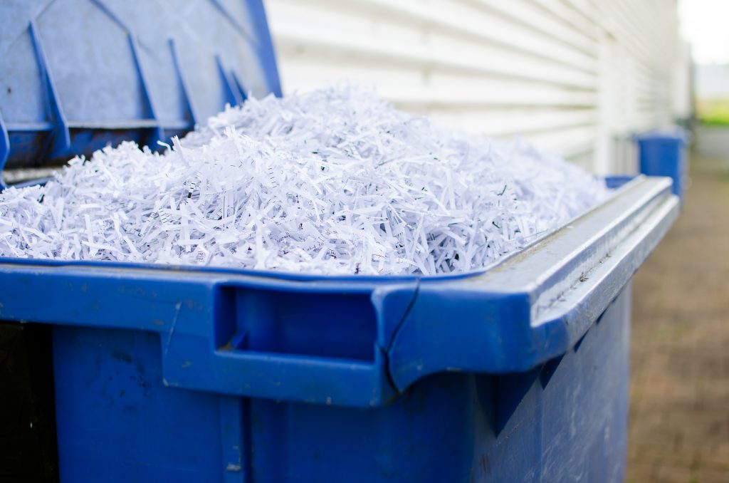 Blue whelie bin full of shredded paper Global Document Services, LLC